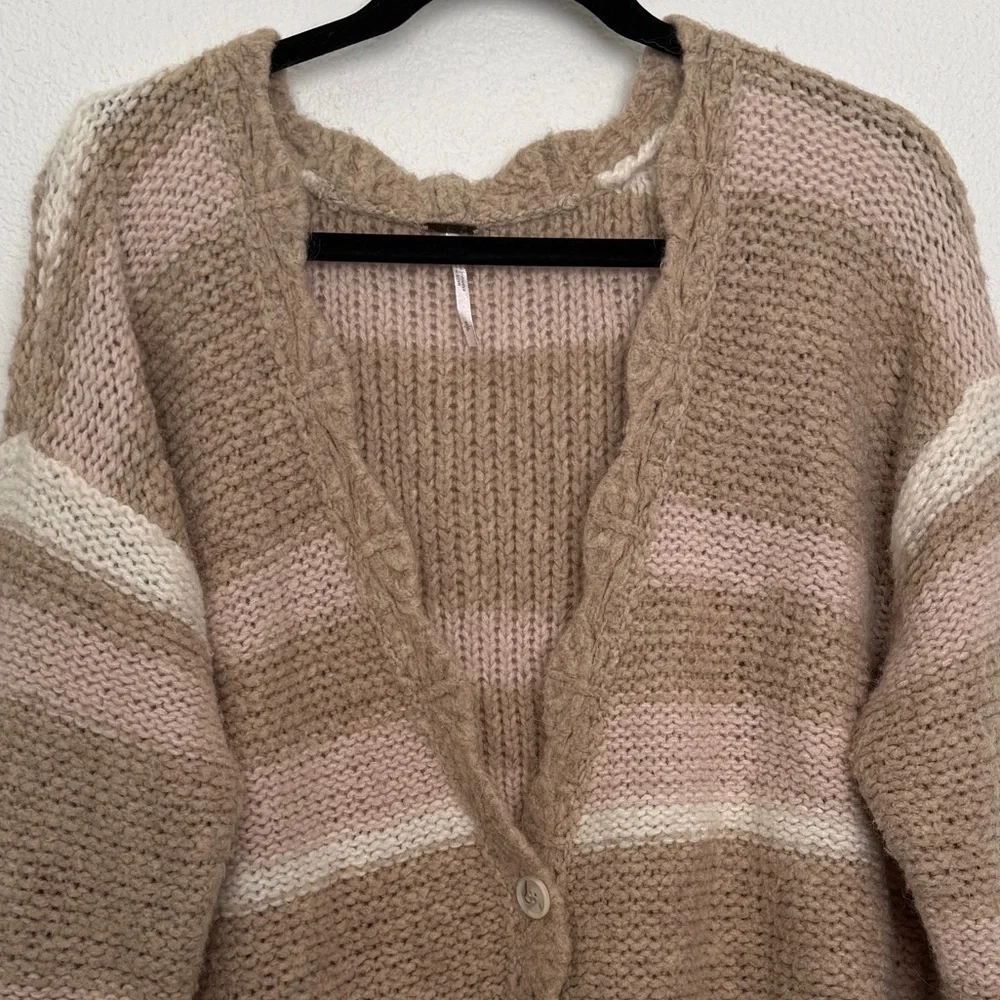 Free People Fine Time Latte Striped Oversized Wool Alpaca Cardigan S